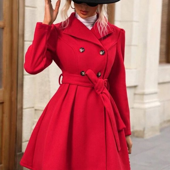 Red Double Breasted Belted Overcoat - Picture 1 of 5